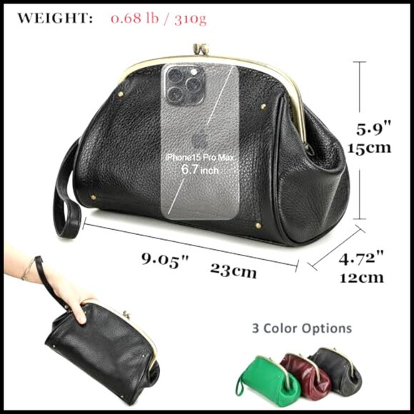 Full Grain Leather Kiss Lock Clutch Vintage Evening Purse Elegant Retro